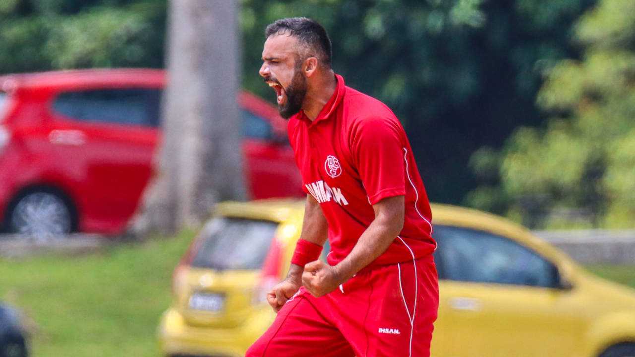 Bashir Shah roars in delight after claiming a wicket, Denmark v Malaysia, ICC World Cricket League Division Four, Bangi, May 2, 2018