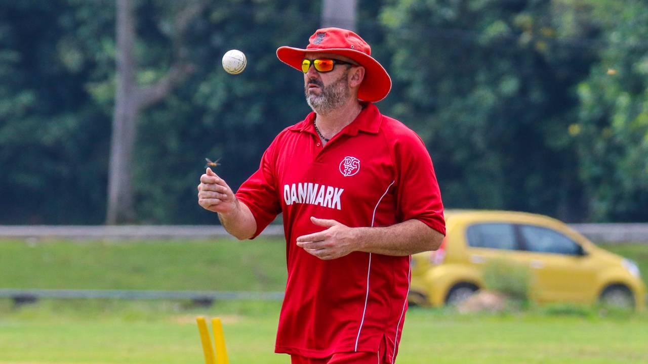 Denmark coach Jeremy Bray flicks a ball in the air as he gets set to begin warmups, Denmark v Malaysia, ICC World Cricket League Division Four, Bangi, May 2, 2018