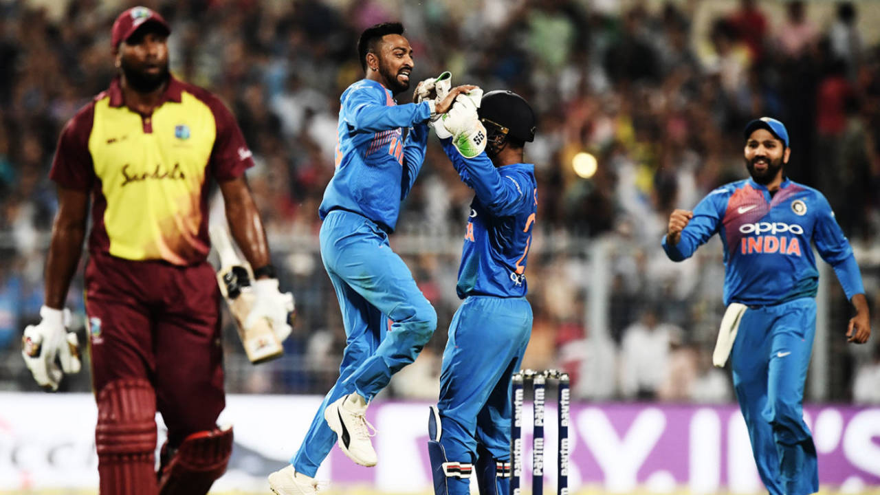 Krunal Pandya celebrates the wicket of Kieron Pollard, India v West Indies, 1st T20I, Kolkata, November 4, 2018