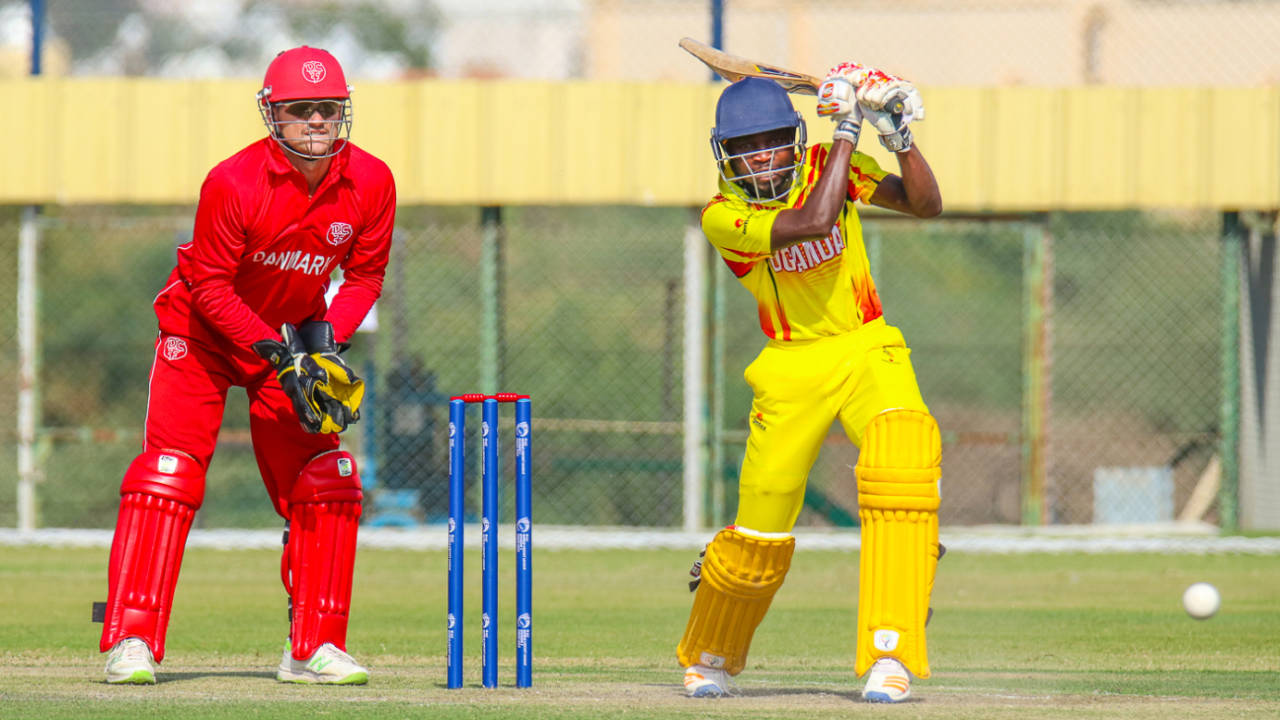 Arnold Otwani drives through mid-off for one of his 15 boundaries, Denmark v Uganda, ICC World Cricket League Division Three, Al Amerat, November 9, 2018