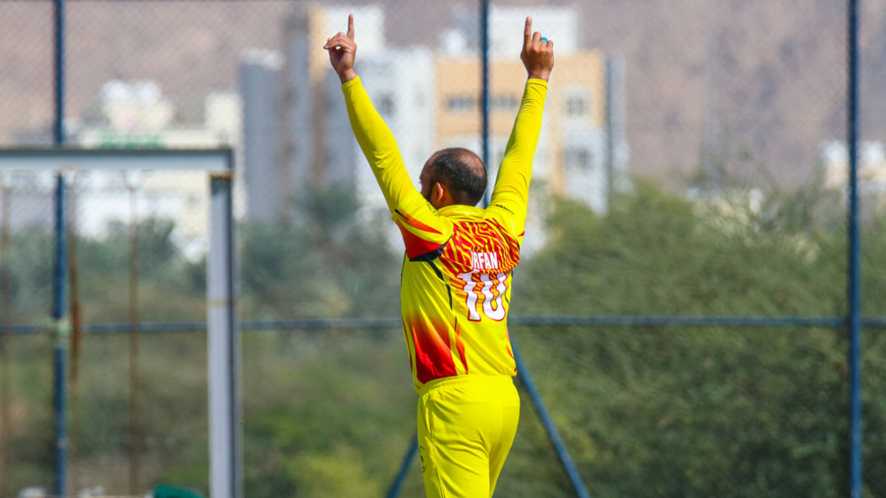 Irfan Afridi breaks out the Starfish celebration pose after another wicket, Denmark v Uganda, ICC World Cricket League Division Three, Al Amerat, November 9, 2018