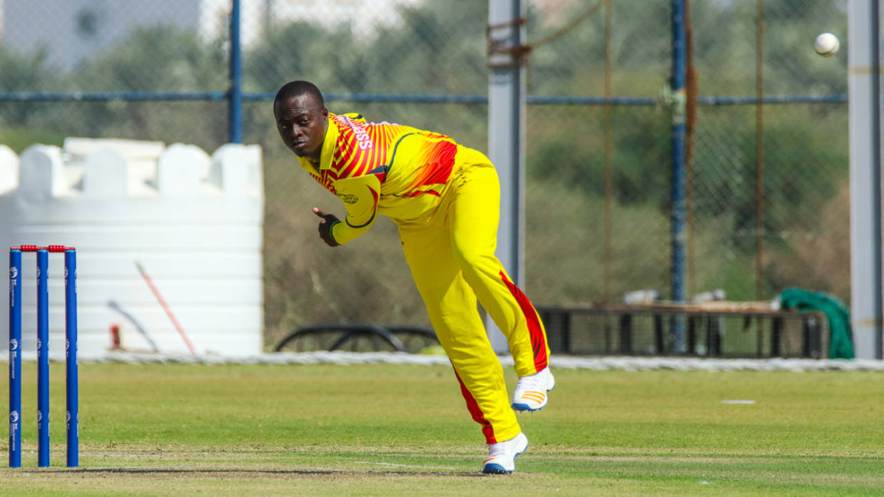 Henry Ssenyondo kept things tight during his spell, Denmark v Uganda, ICC World Cricket League Division Three, Al Amerat, November 9, 2018