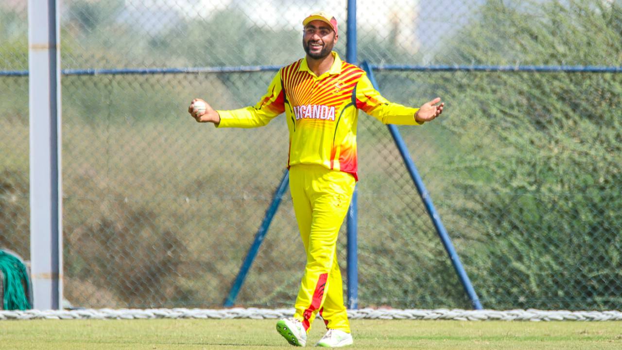 Bilal Hassun plays it cool after coming up with a spectacular diving catch, Denmark v Uganda, ICC World Cricket League Division Three, Al Amerat, November 9, 2018