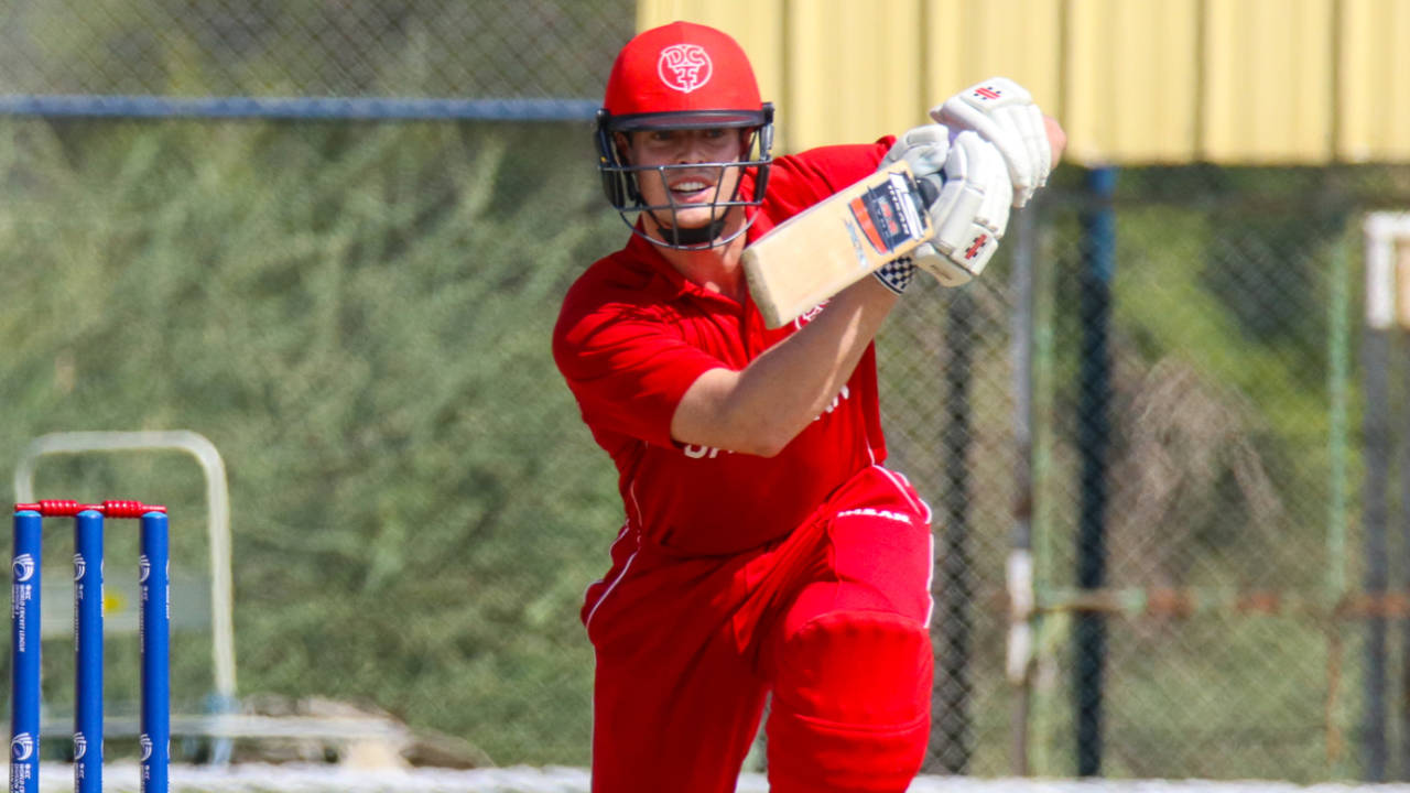 Mads Henriksen pushes down the ground for a run, Denmark v Uganda, ICC World Cricket League Division Three, Al Amerat, November 9, 2018