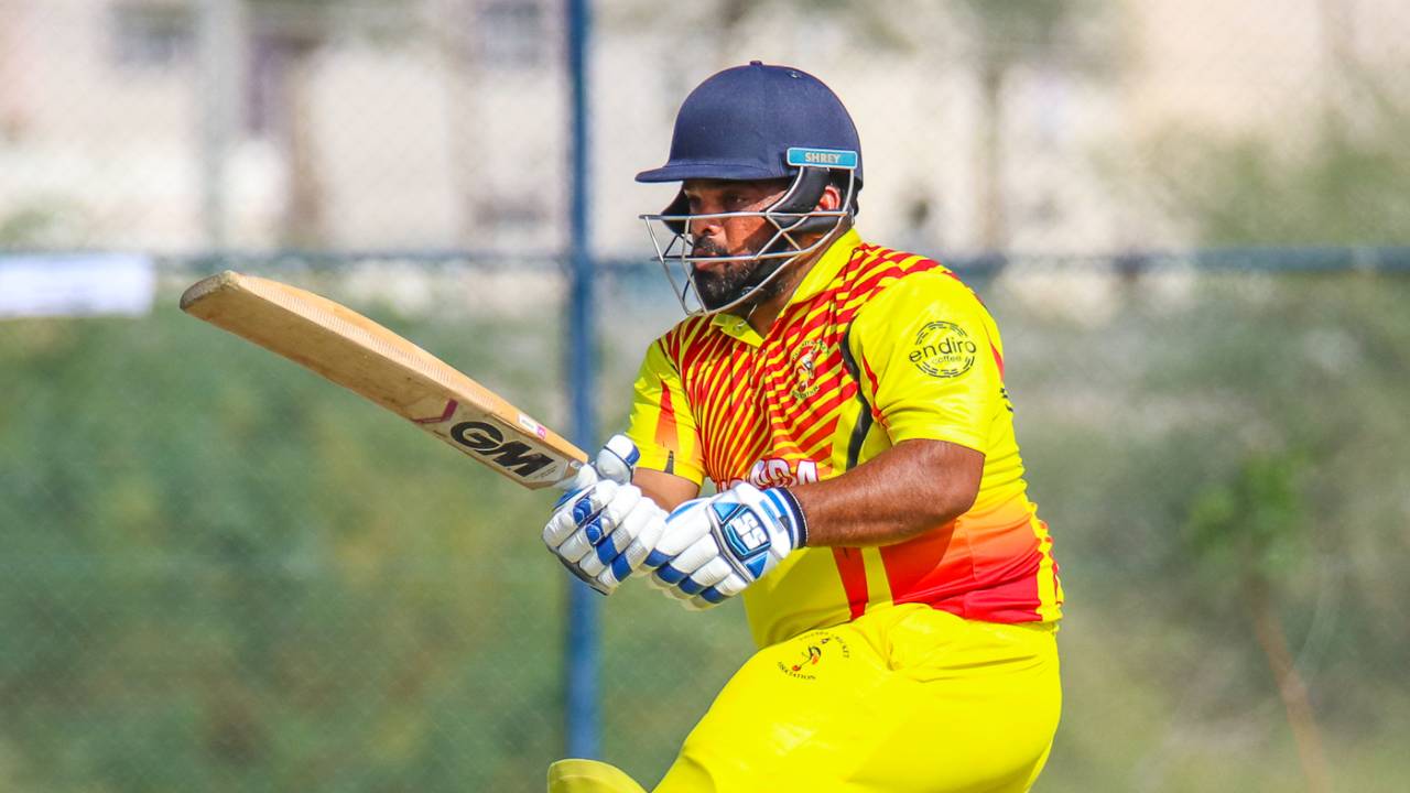 Ronak Patel pulls behind square for a boundary, Denmark v Uganda, ICC World Cricket League Division Three, Al Amerat, November 9, 2018