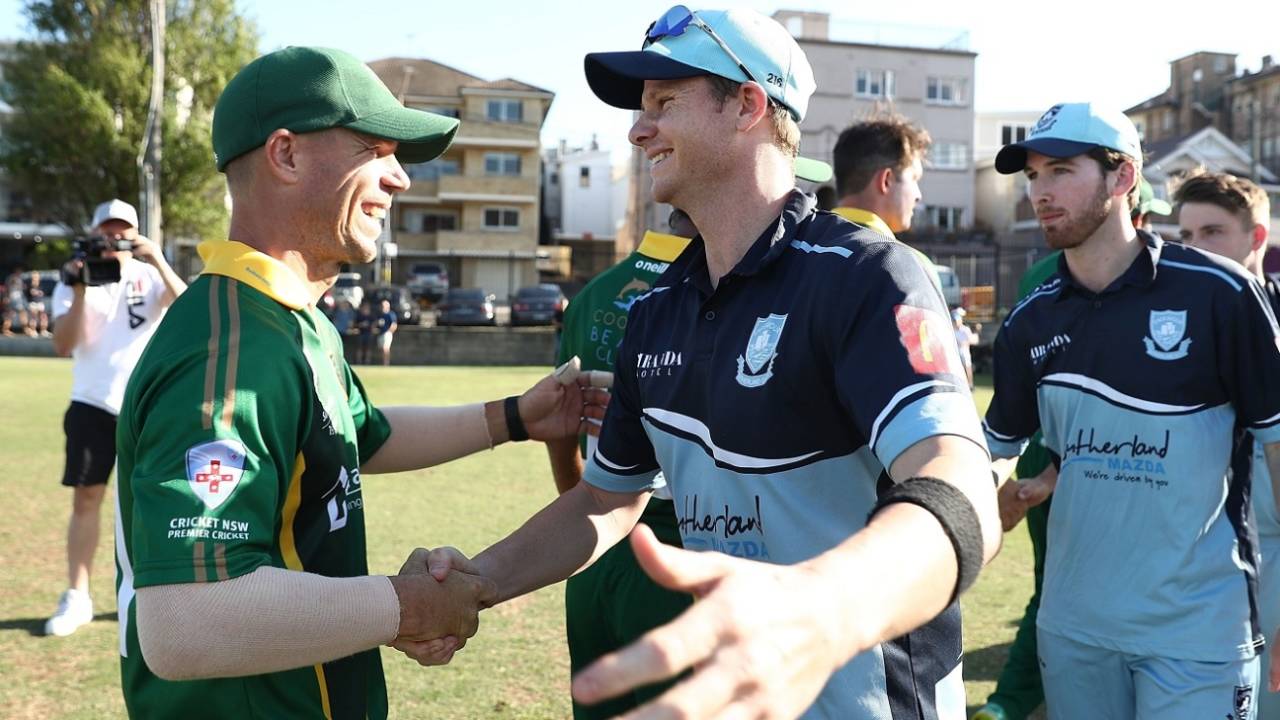 Steven Smith and David Warner shake hands at the end of a club match, Sutherland v Randwick-Petersham, Coogee Oval, Sydney, November 10, 2018