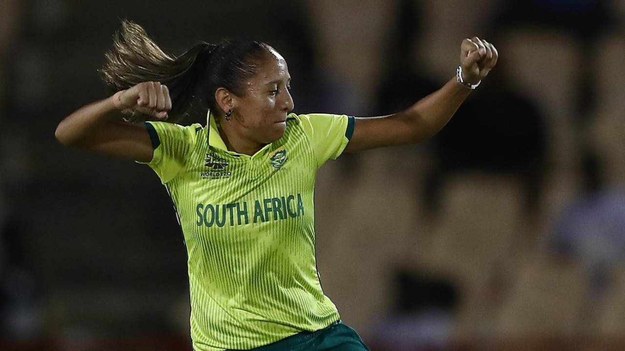 Shabnim Ismail is pumped up after taking a wicket, South Africa Women v Sri Lanka Women, Women's World T20, Group A, Gros Islet, November 12, 2018