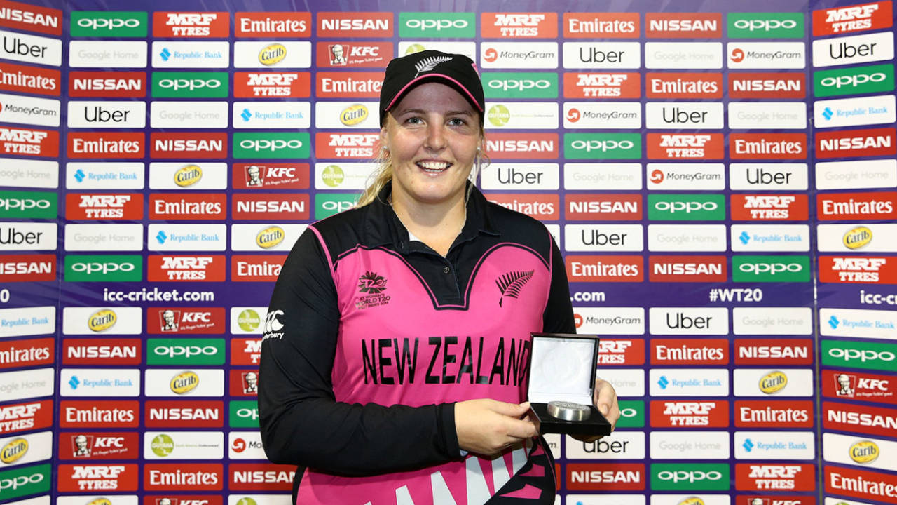 Jess Watkin was the Player of the Match for her 3 for 9, New Zealand v Pakistan, Women's World T20, Providence, November 15, 2018