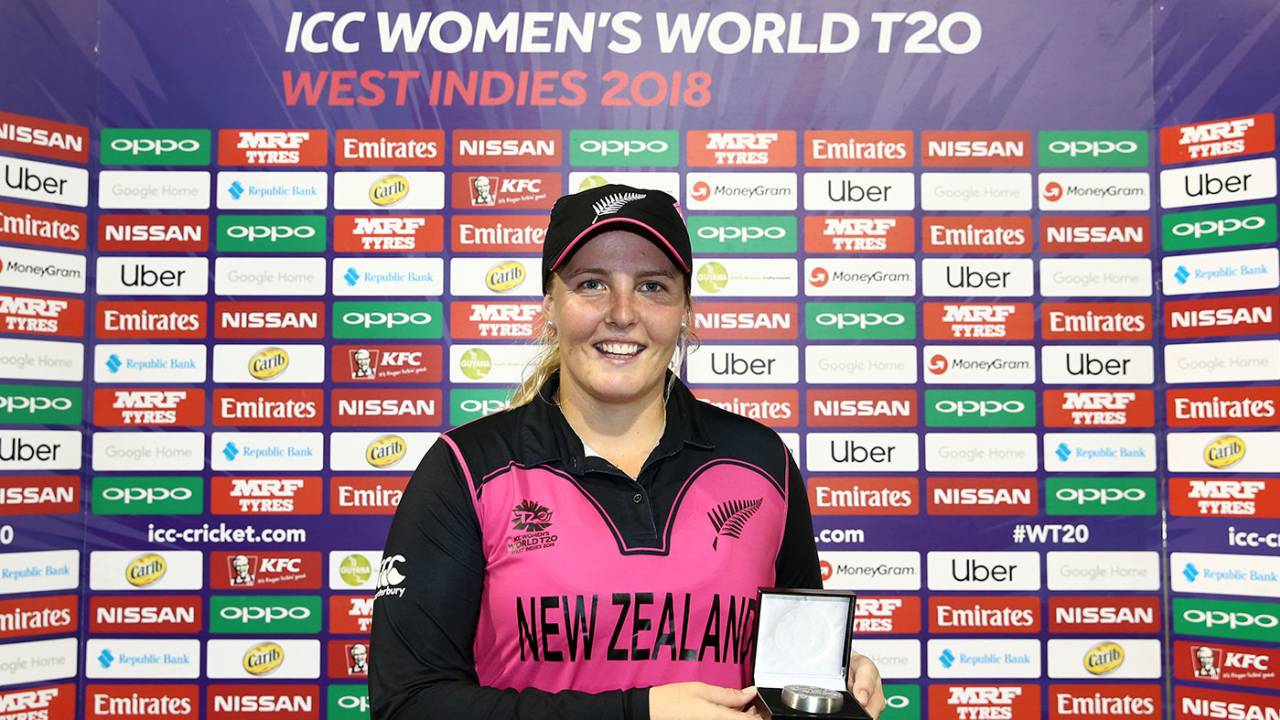 Jess Watkin was the Player of the Match for her 3 for 9, New Zealand v Pakistan, Women's World T20, Providence, November 15, 2018