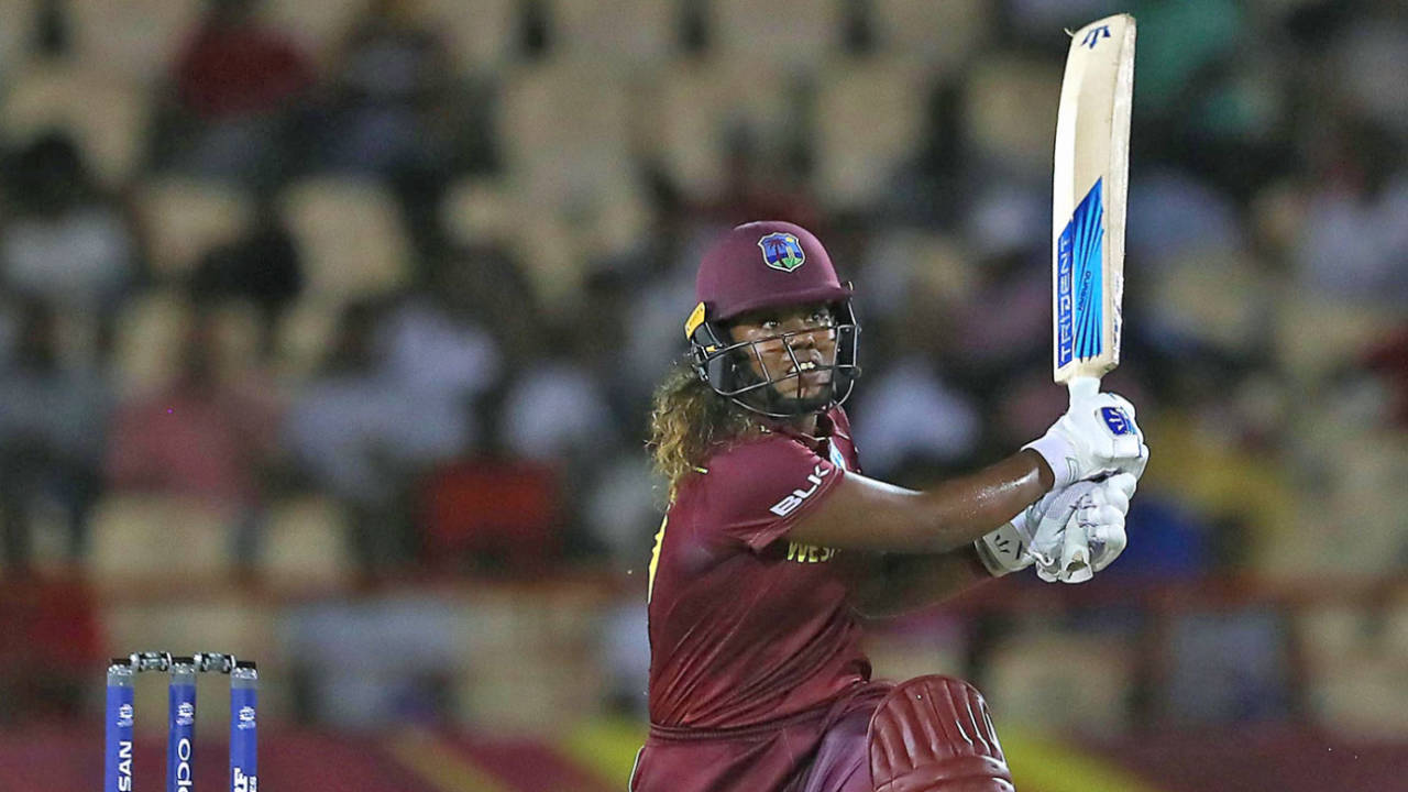 Hayley Matthews gets down on a knee to send one into the stands, West Indies v Sri Lanka, Group A, Women's World T20 2018, Gros Islet, November 16, 2018