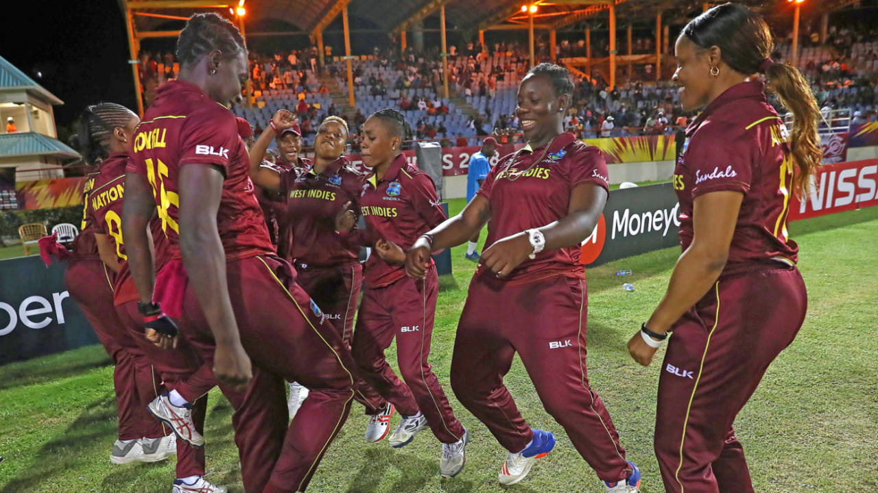 The West Indies players celebrate their win with a dance, West Indies v Sri Lanka, Group A, Women's World T20 2018, Gros Islet, November 16, 2018