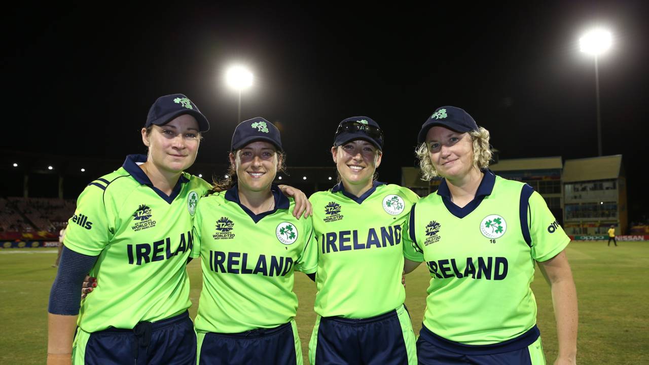 Clare Shillington, Isobel Joyce, Cecelia Joyce and Ciara Metcalfe sport a smile after retiring from international cricket, Ireland v New Zealand, Group B, Women's World T20 2018, Guyana, November 17, 2018