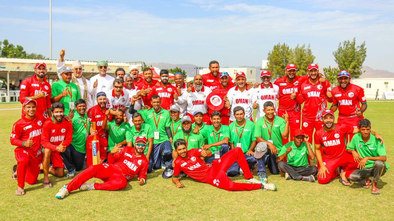 Oman Cricket's entire staff took part in the squad's celebrations after winning Division Three, Oman v Uganda, ICC World Cricket League Division Three, Al Amerat, November 18, 2018