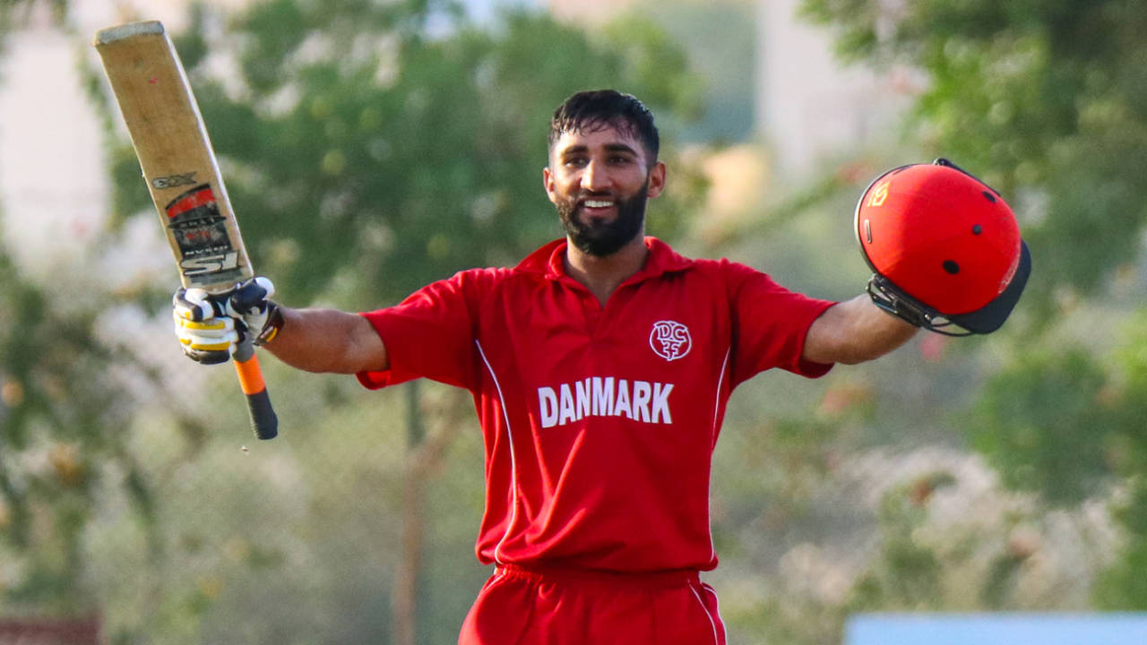 Captain Hamid Shah raises his bat after reaching a century, Denmark v Kenya, ICC World Cricket League Division Three, Al Amerat, November 18, 2018