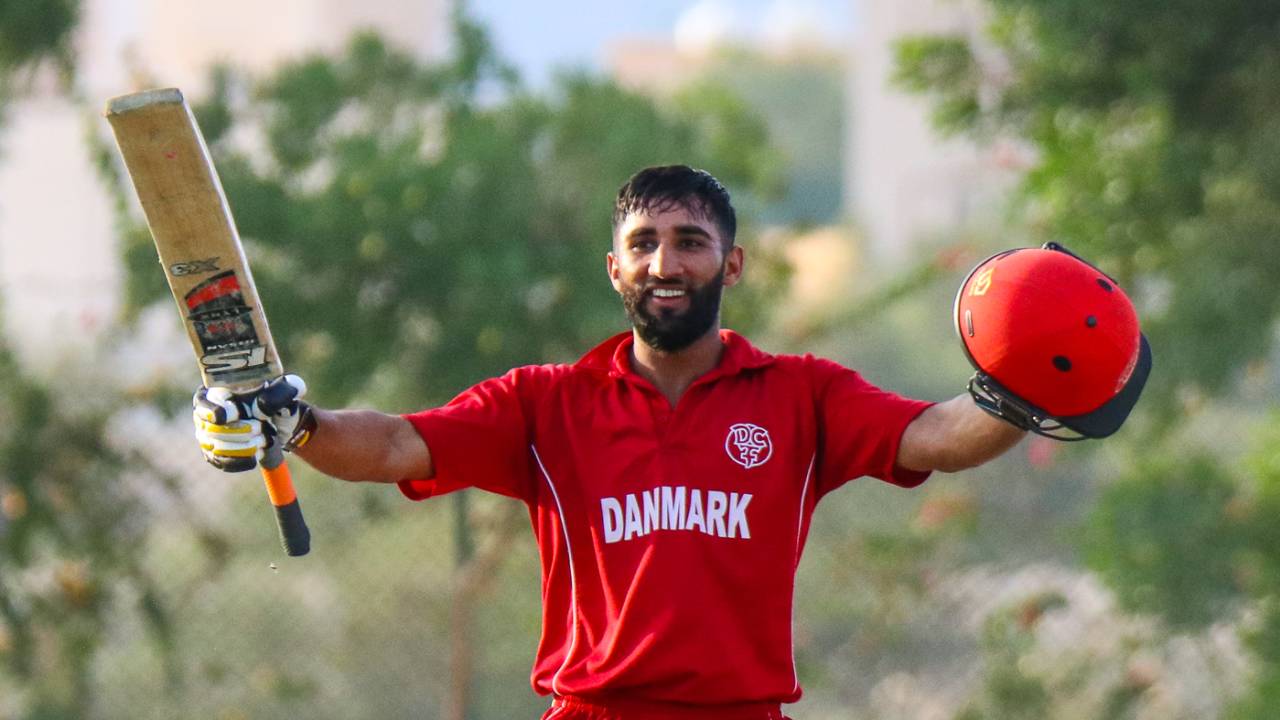 Captain Hamid Shah raises his bat after reaching a century, Denmark v Kenya, ICC World Cricket League Division Three, Al Amerat, November 18, 2018