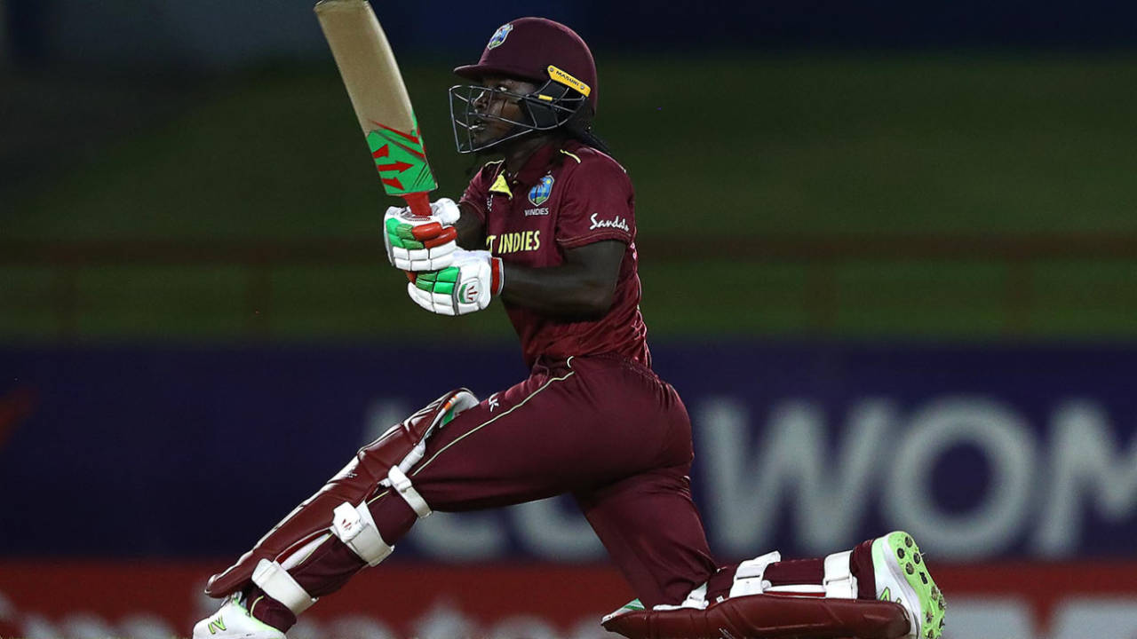 Deandra Dottin slog-sweeps during her 46, West Indies v England, Women's World T20, Group A, St Lucia, November 18, 2018