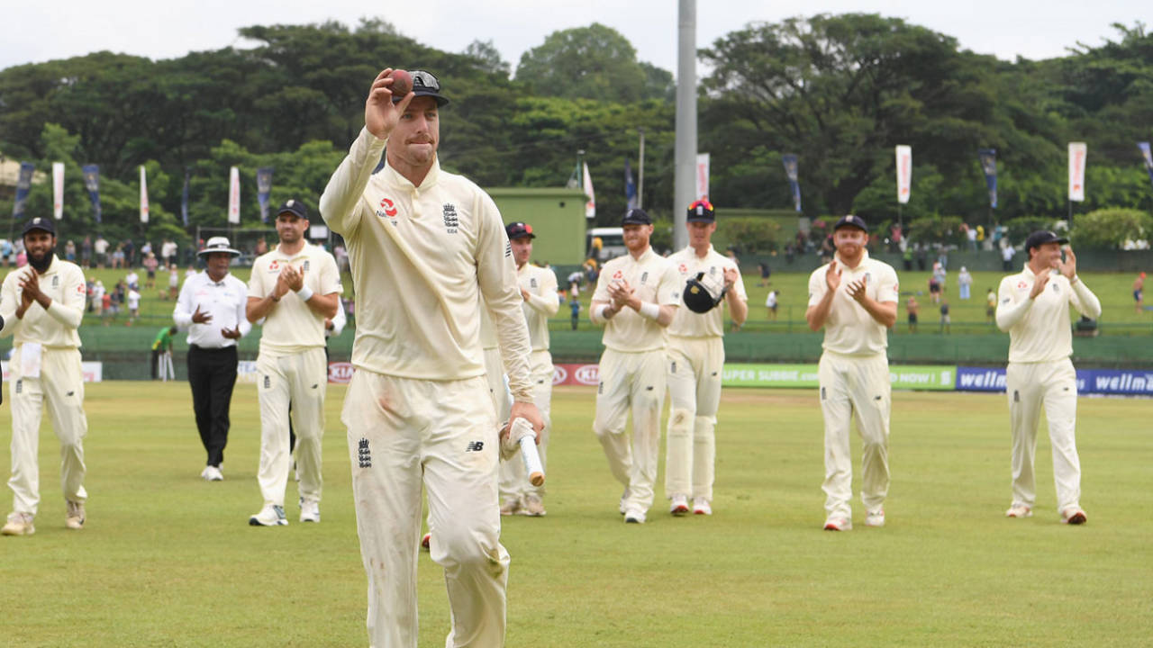 Jack Leach leads England from the field after his five-wicket haul at Pallekele, Sri Lanka v England, 2nd Test, Pallekele, 5th day, November 18, 2018