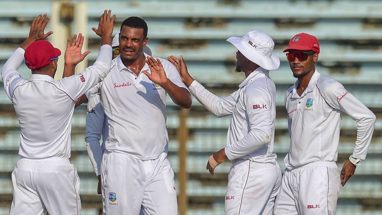 Shannon Gabriel celebrates with his team-mates, Bangladesh v West Indies, 1st Test, Chattogram, 1st day