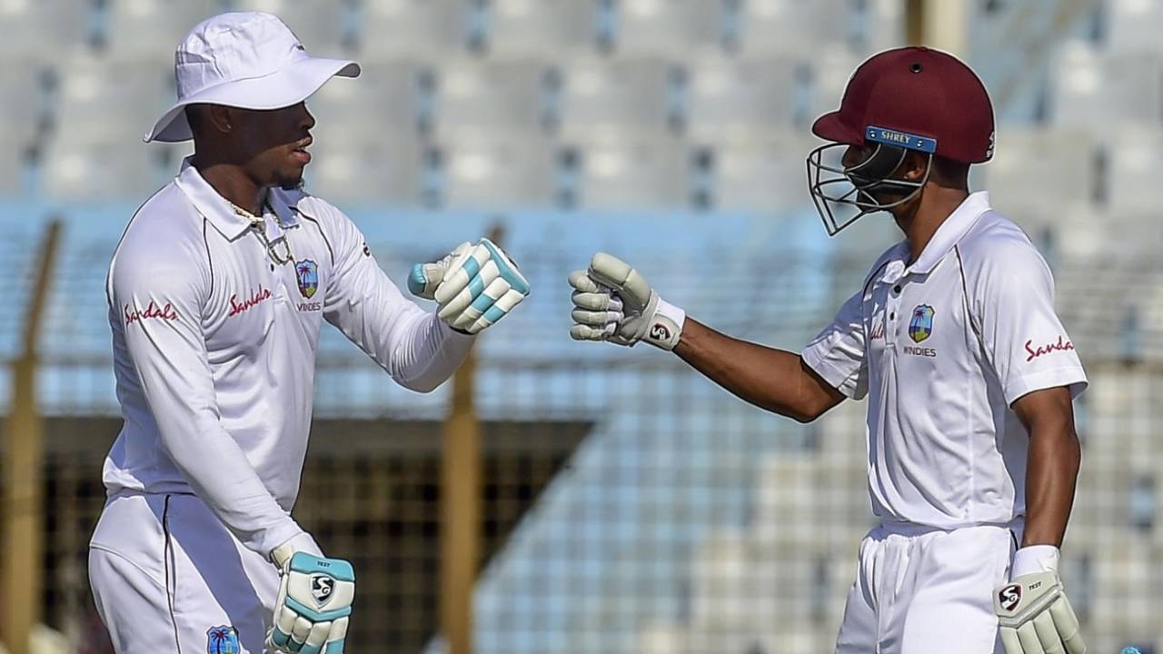 Shimron Hetmyer punches gloves with Shane Dowrich after reaching a half-century, Bangladesh v West Indies, 1st Test, Chattogram, 2nd day