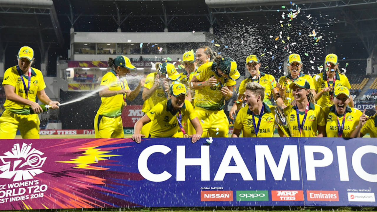 Alyssa Healy sprays her team-mates with champagne, England v Australia, Women's World T20 final, Antigua, November 24, 2018