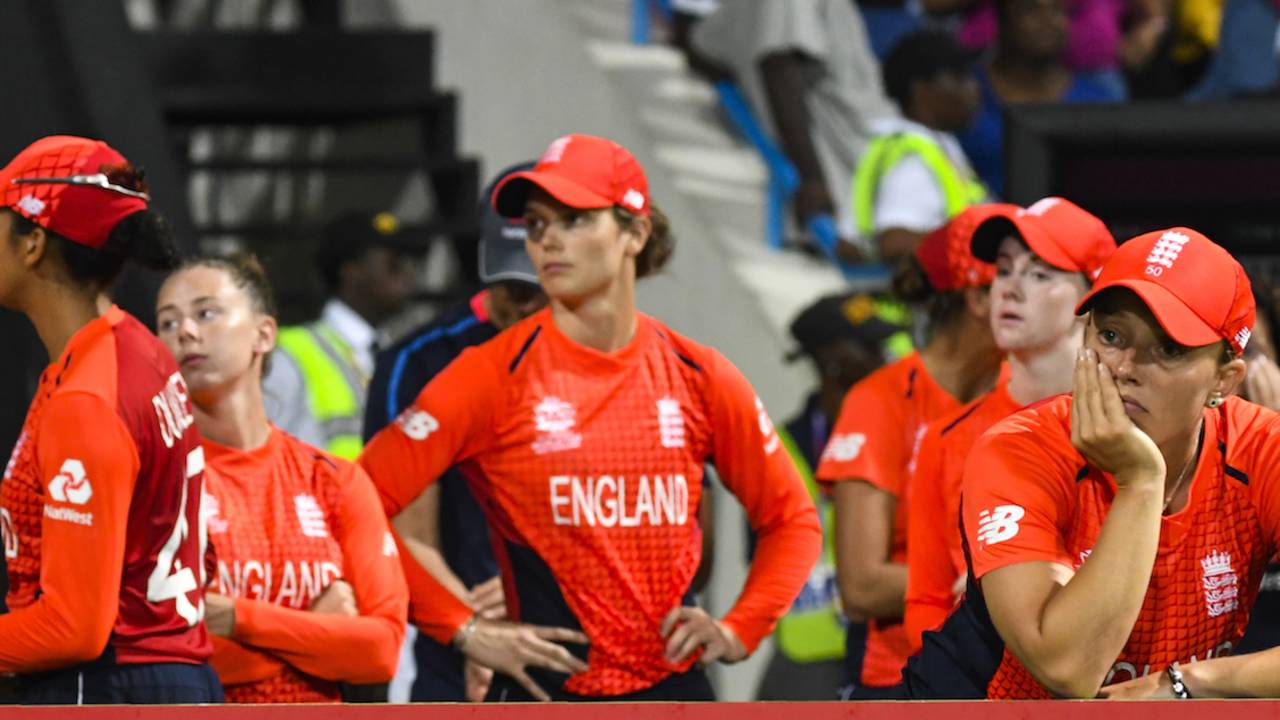 Danielle Hazell and her England team-mates are disappointed after the defeat, England v Australia, Women's World T20 final, Antigua, November 24, 2018