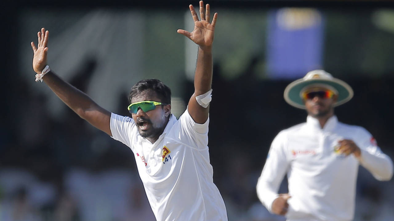 Malinda Pushpakumara appeals for a wicket&nbsp;&nbsp;&bull;&nbsp;&nbsp;Associated Press