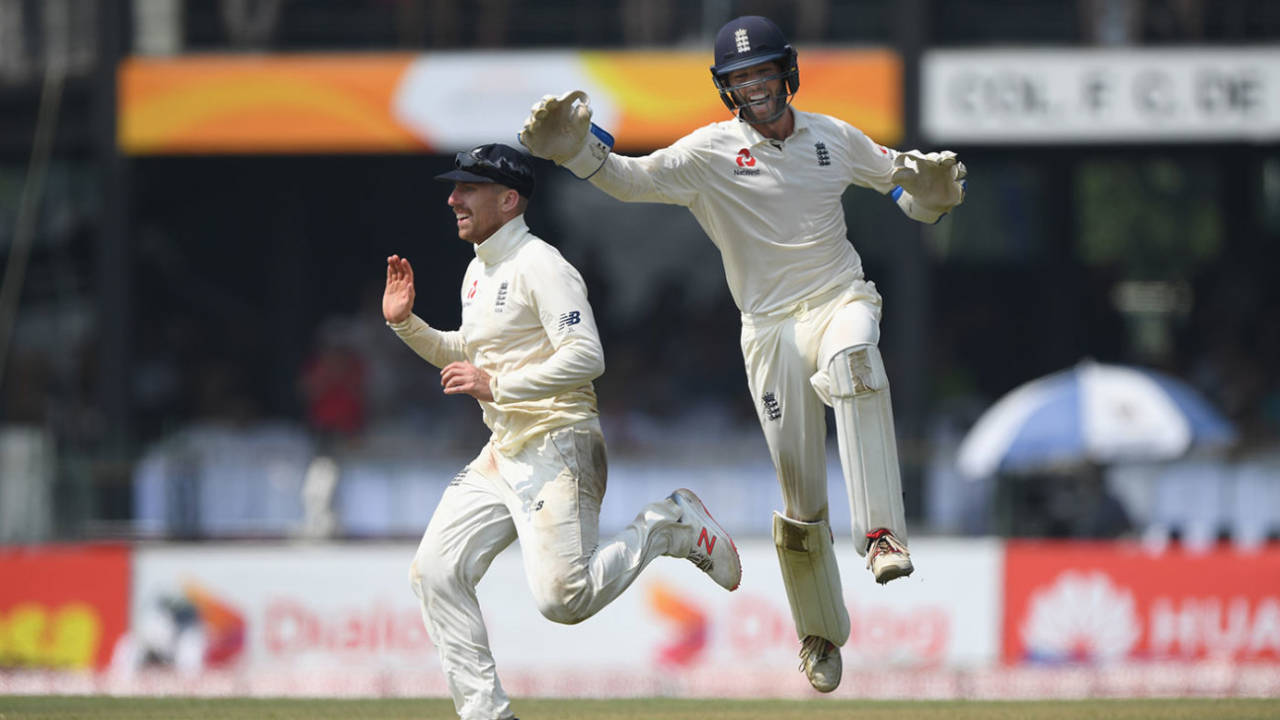 Ben Foakes and Jack Leach celebrate the run-out of Kusal Mendis, Sri Lanka v England, 3rd Test, SSC, Colombo, 4th day, November 26, 2018