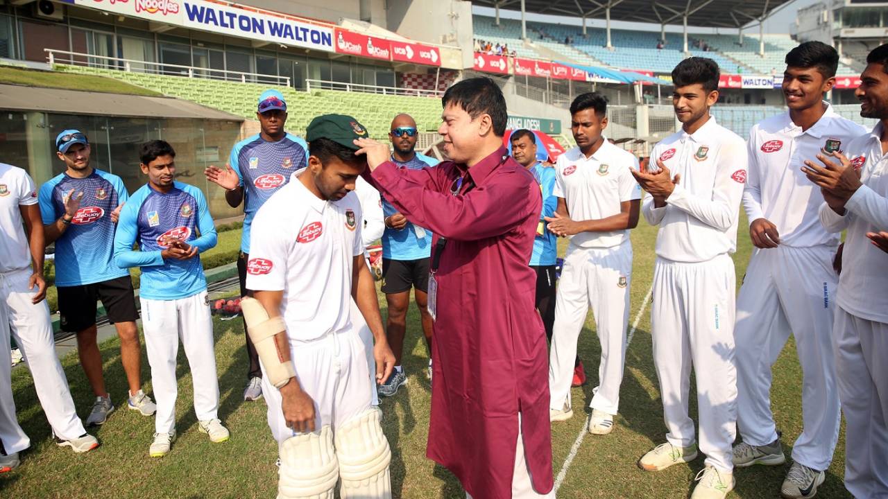 Chief selector Minhajul Abedin presents debutant Shadman Islam with a cap, Bangladesh v West Indies, 2nd Test, Mirpur, 1st day, November 30, 2018