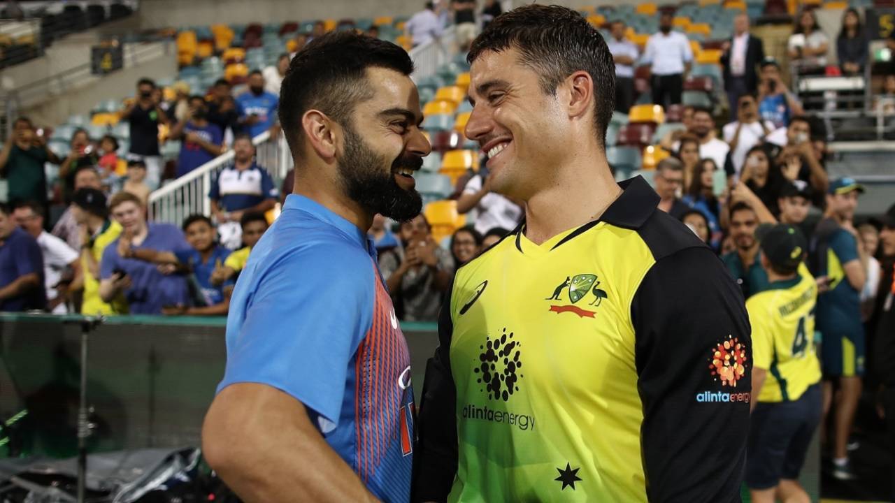 Virat Kohli and Marcus Stoinis exchange post-match pleasantries, Australia v India, 1st T20I, Brisbane, November 21, 2018