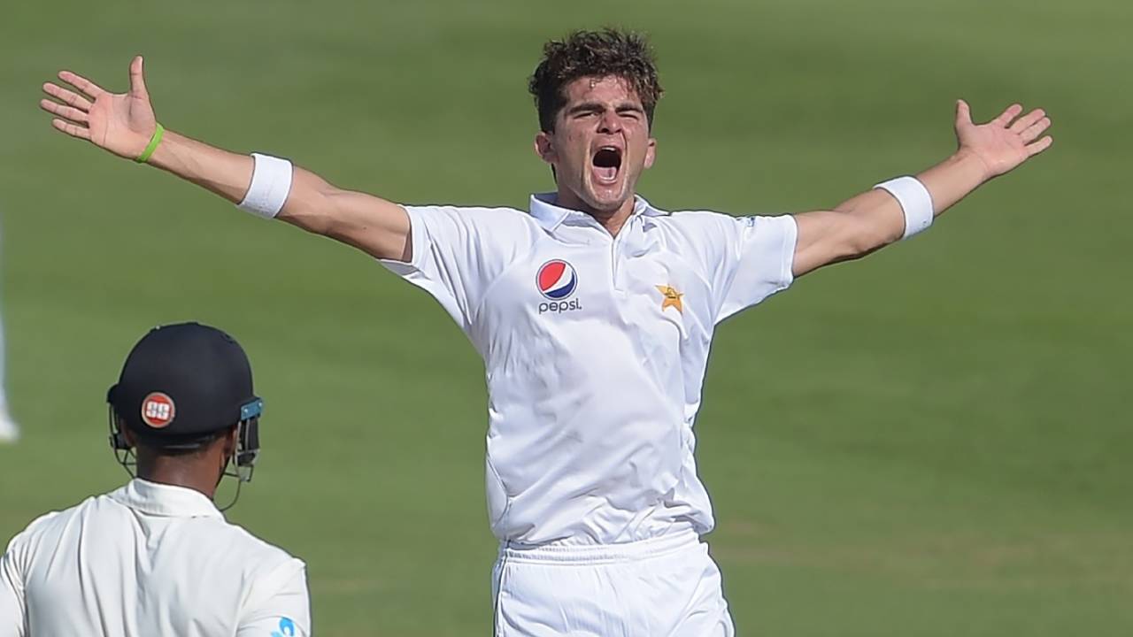 Shaheen Shah Afridi reacts after his maiden Test wicket&nbsp;&nbsp;&bull;&nbsp;&nbsp;AFP