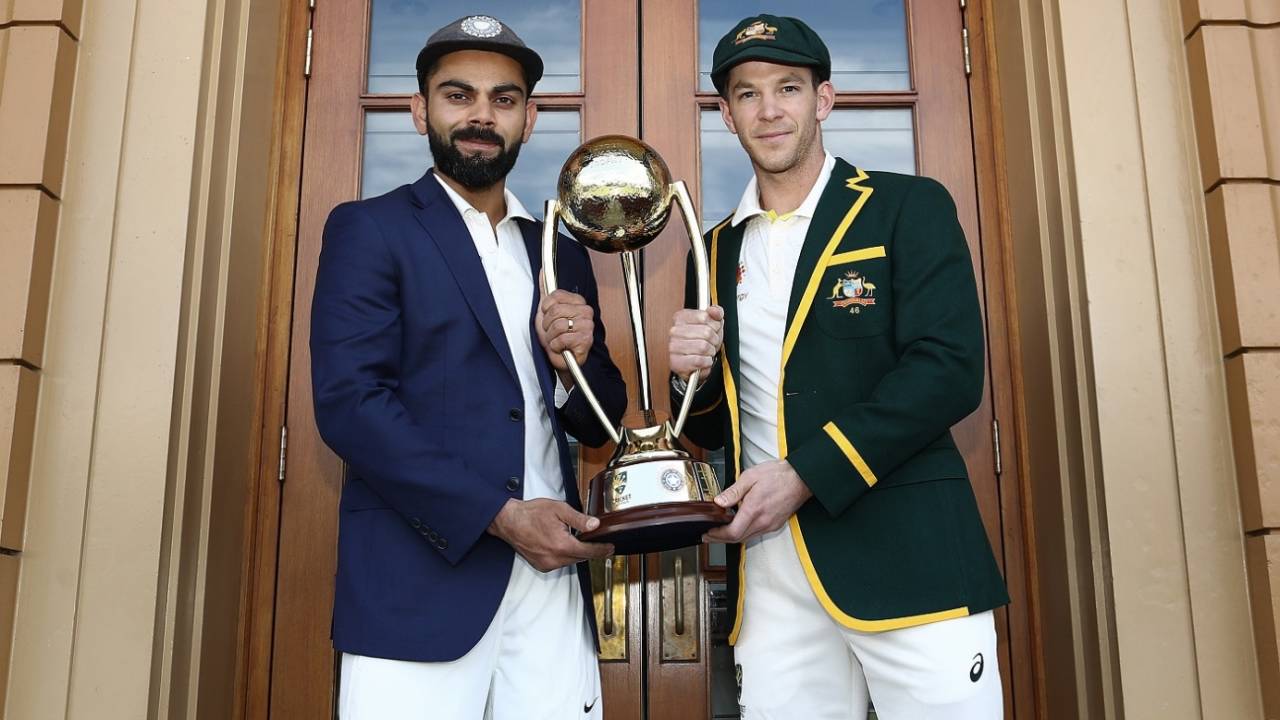 Virat Kohli and Tim Paine pose with the Border-Gavaskar Trophy ahead of the first Test&nbsp;&nbsp;&bull;&nbsp;&nbsp;Getty Images