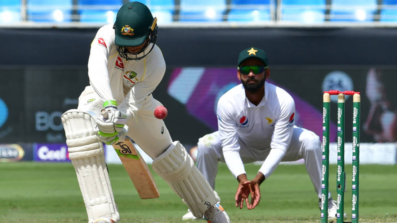 Usman Khawaja blocks on the front foot, Pakistan v Australia, 1st Test, Dubai, 5th day, October 10, 2018