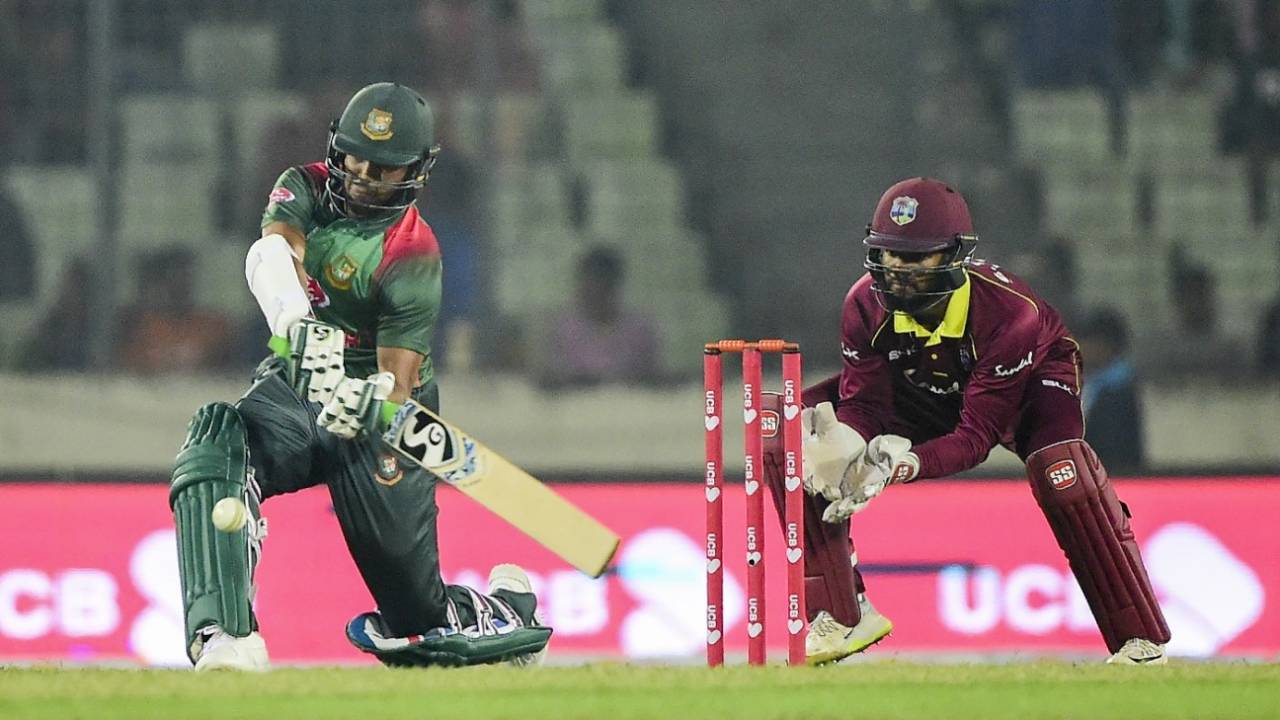 Shakib Al Hasan sets himself up for a slog-sweep, Bangladesh v West Indies, 1st ODI, Dhaka, December 9, 2018