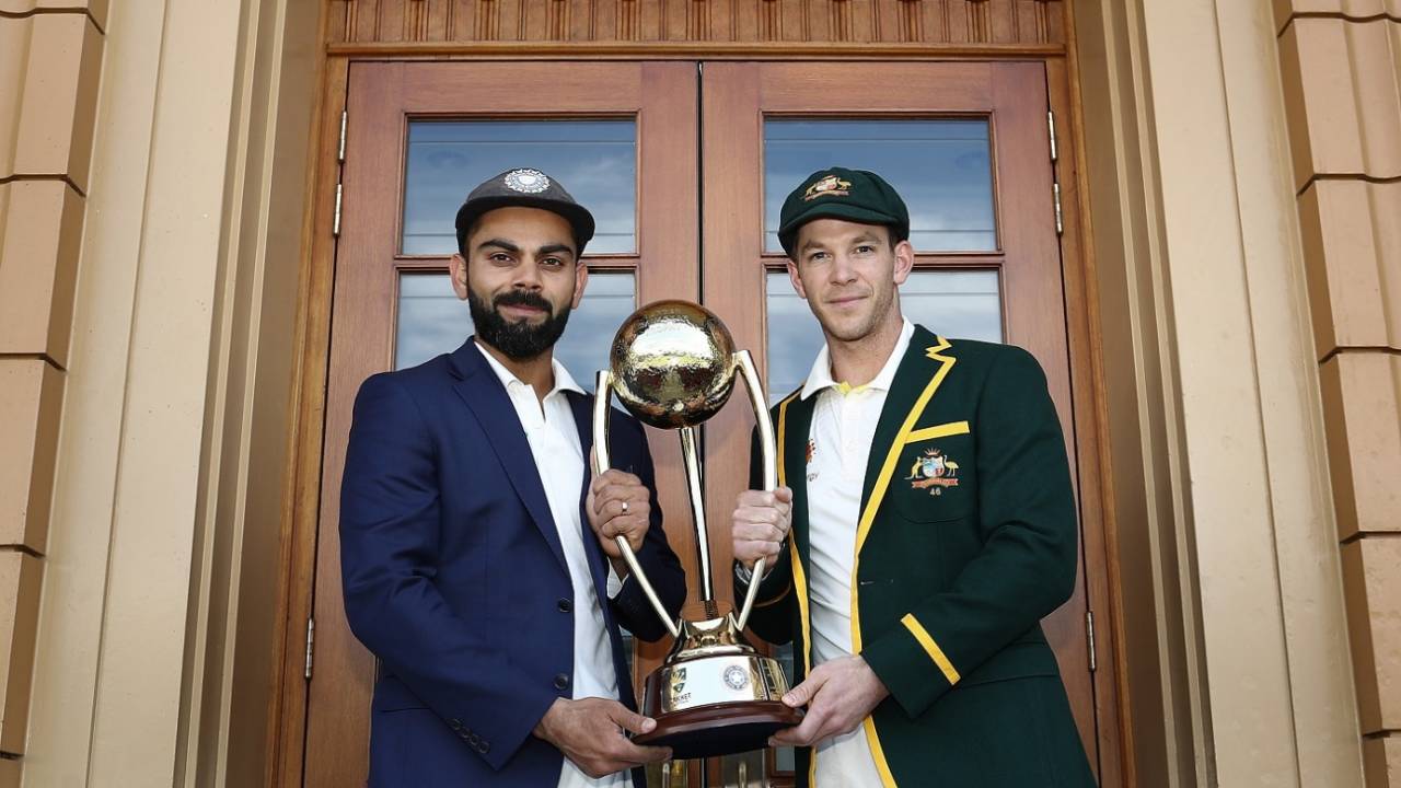 Virat Kohli and Tim Paine pose with the Border-Gavaskar Trophy ahead of the first Test, Adelaide, December 5, 2018