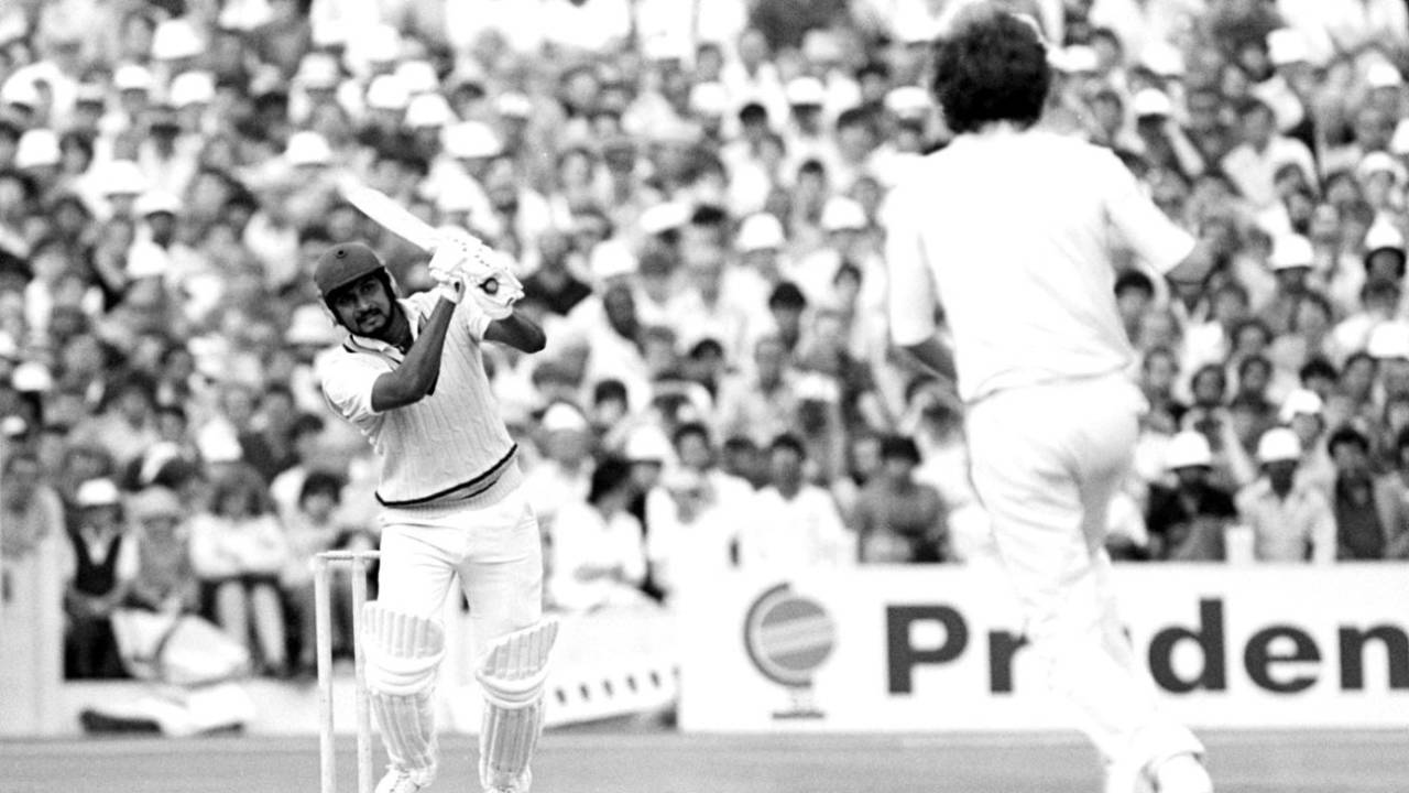 Sandeep Patil of India batting during the World Cup semi-final against England at Old Trafford, 1983
