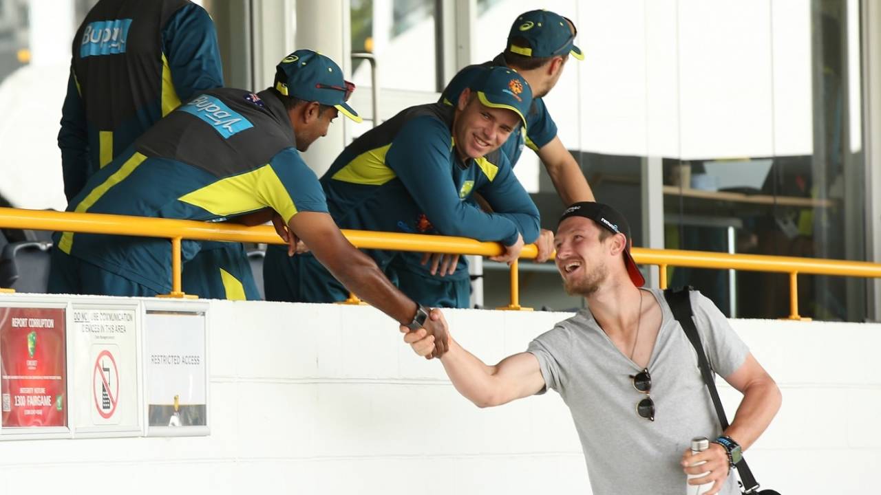 Cameron Bancroft touches base with the Australian camp, Perth, December 12, 2018