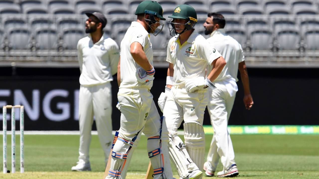 Aaron Finch and Marcus Harris have a chat between overs, Australia v India, 2nd Test, Perth, 1st day, December 14, 2018
