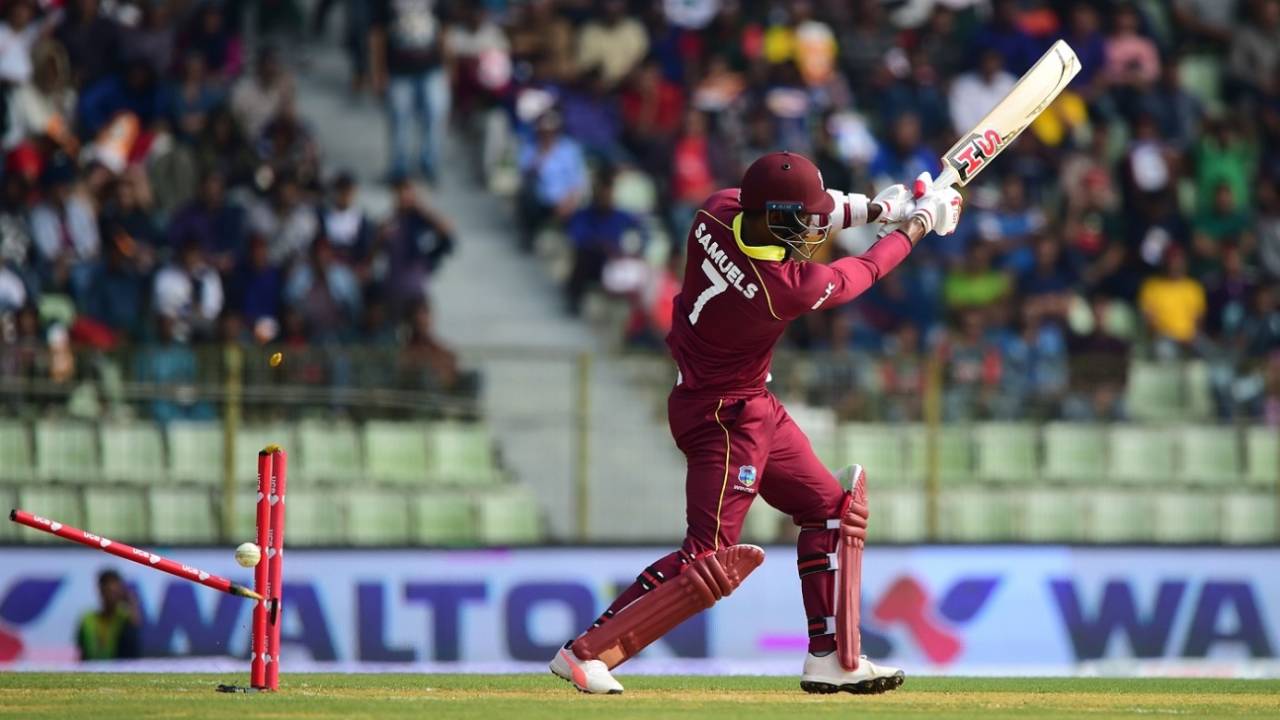 Marlon Samuels gets bowled, Bangladesh v West Indies, 3rd ODI, Sylhet, December 14, 2018