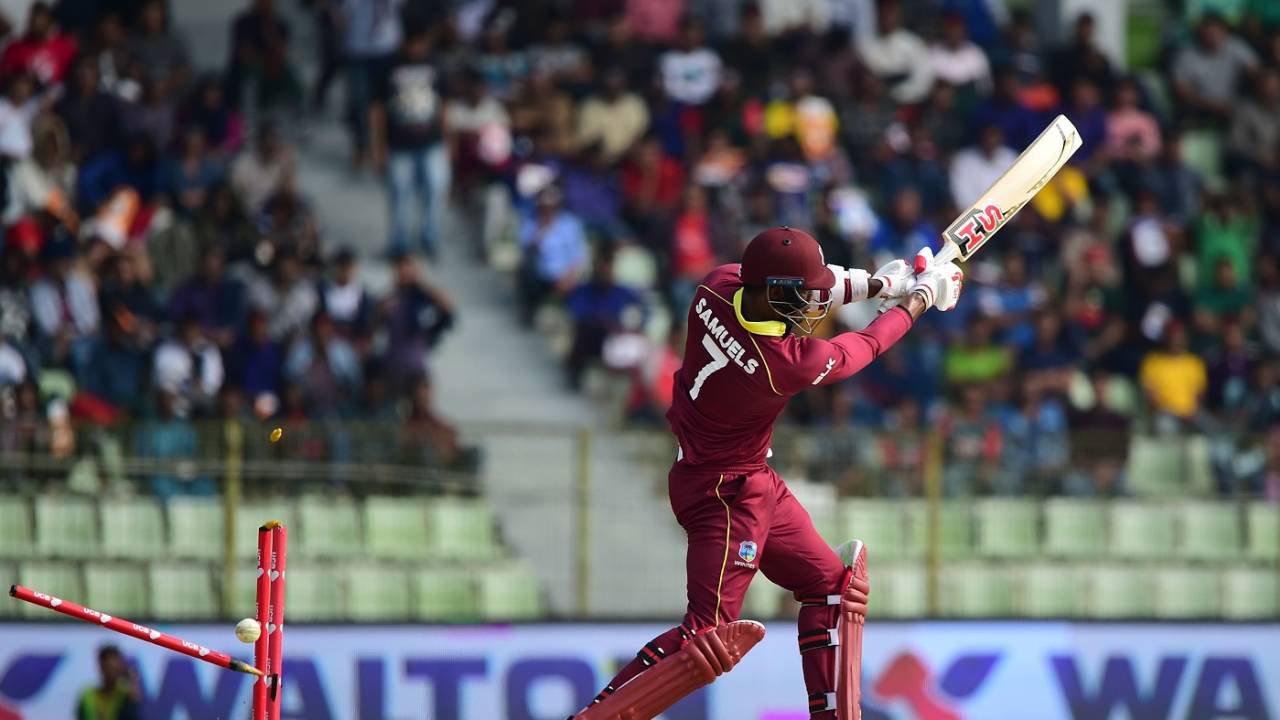Marlon Samuels gets bowled, Bangladesh v West Indies, 3rd ODI, Sylhet, December 14, 2018