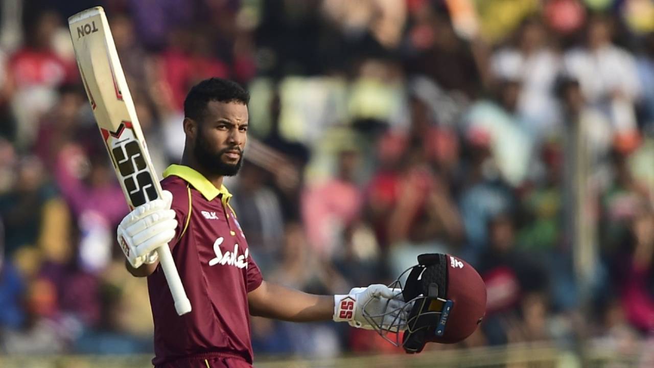 Shai Hope raises his bat after a hundred, Bangladesh v West Indies, 3rd ODI, Sylhet, December 14, 2018