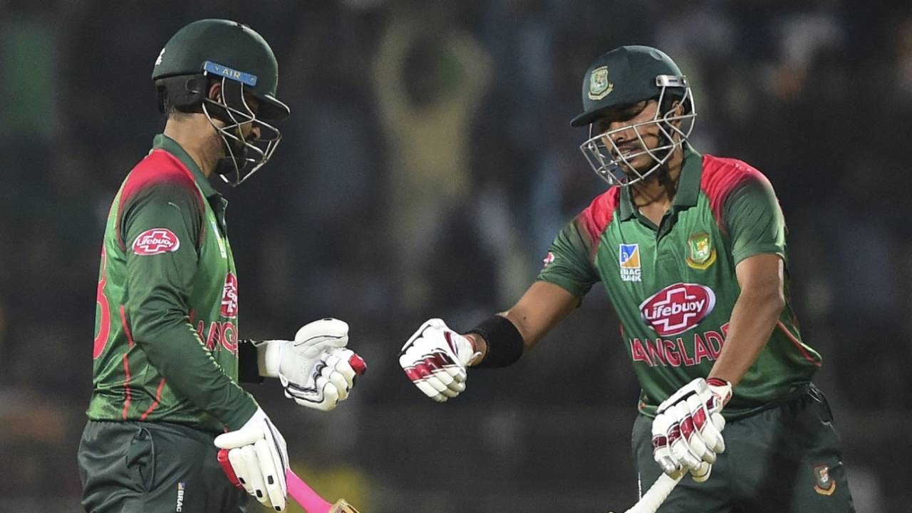 Tamim Iqbal and Soumya Sarkar fist-bump each other, Bangladesh v West Indies, 3rd ODI, Sylhet, December 14, 2018
