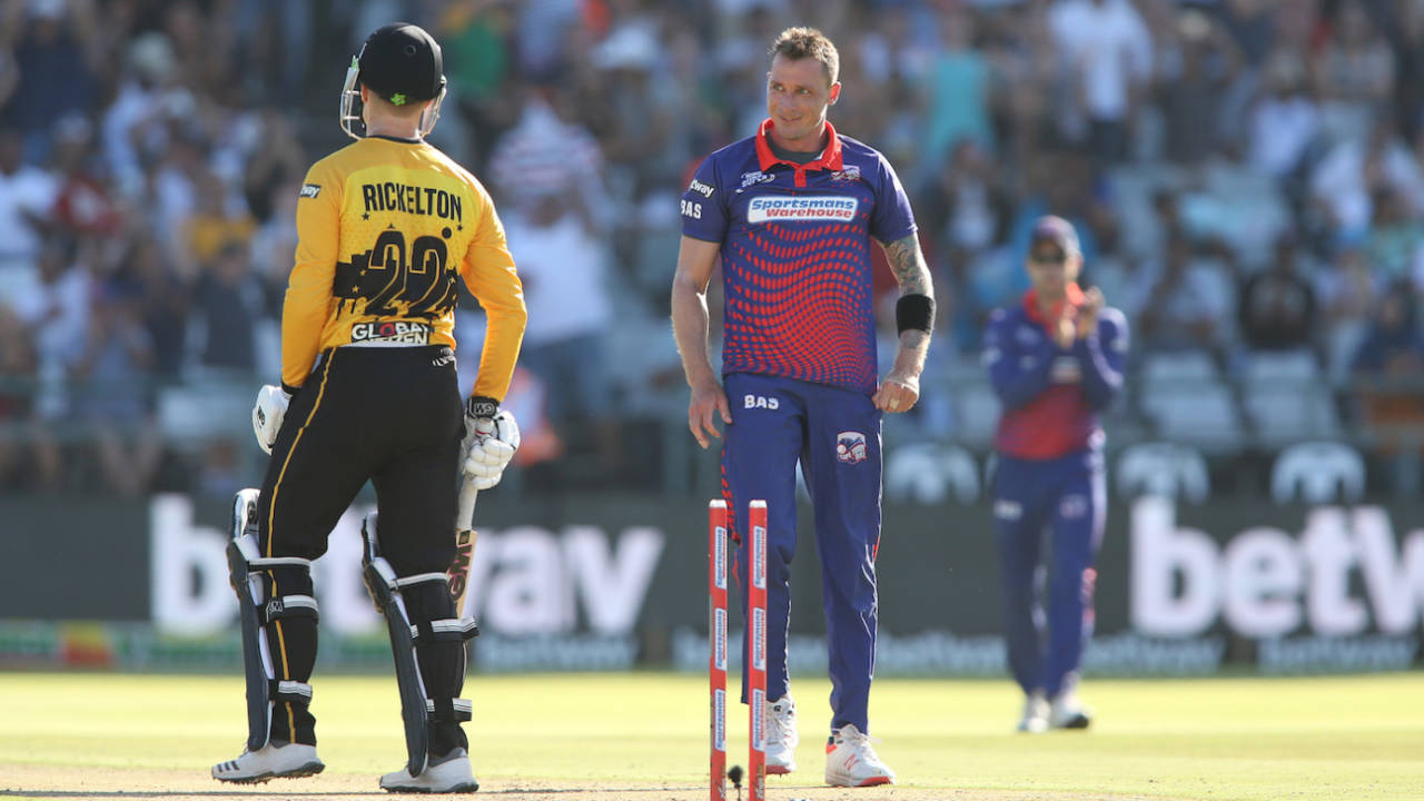 Dale Steyn lets out a smile after knocking over the off stump, Cape Town Blitz v Jozi Stars, Mzansi Super League 2018, Cape Town, December 16, 2018