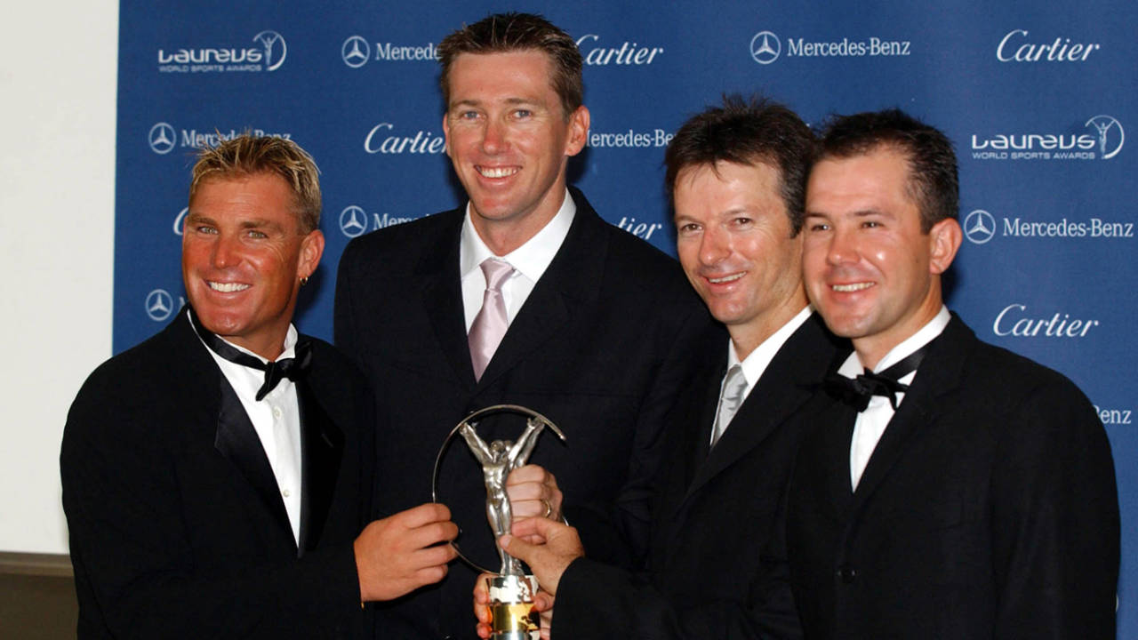 Shane Warne, Glenn McGrath, Steve Waugh and Ricky Ponting with the Laureus Team of the Year award, Monte Carlo, May 14, 2002