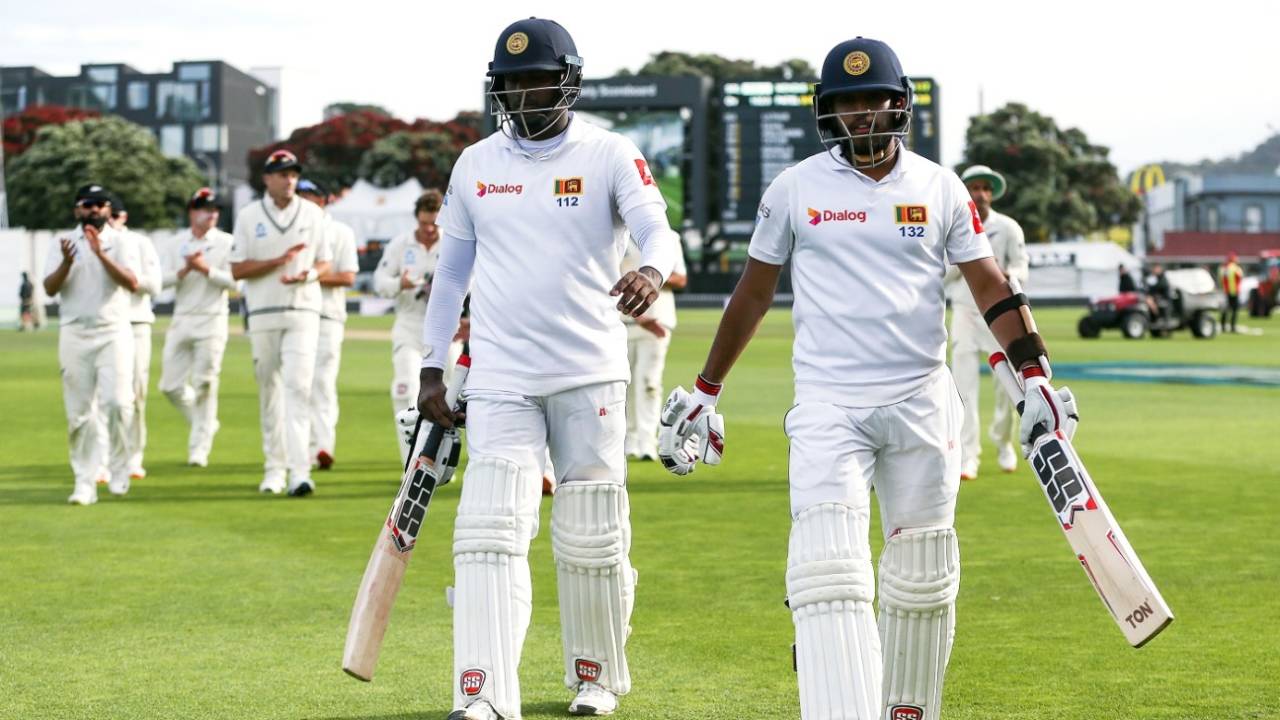 Angelo Mathews and Kusal Mendis walk off after having batted through the day, New Zealand v Sri Lanka, 1st Test, Wellington, 4th day
