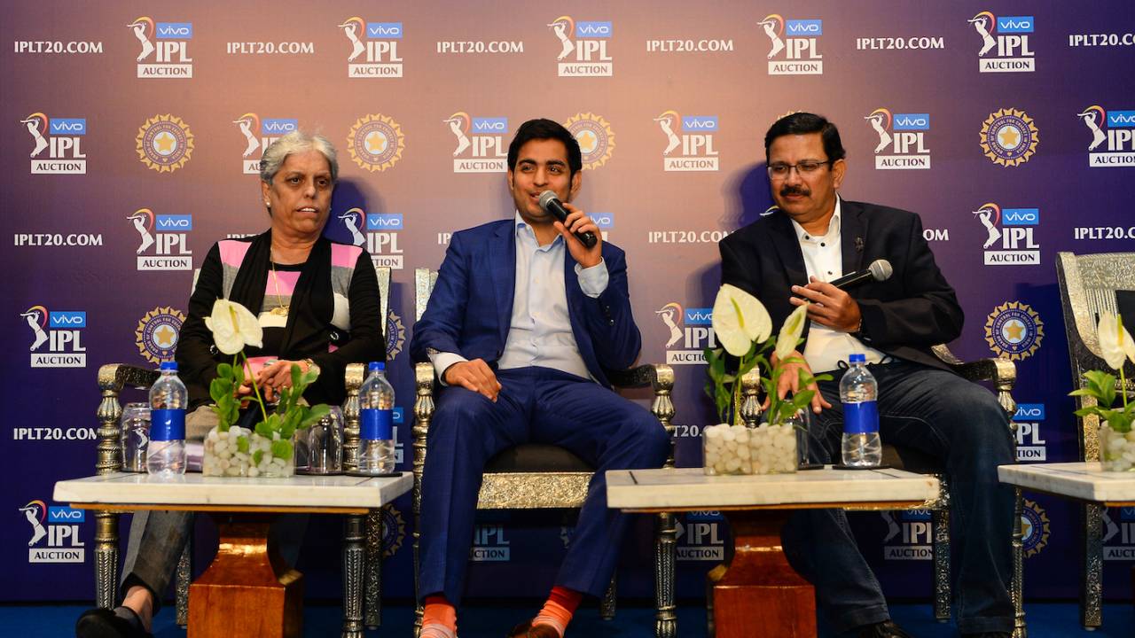 Diana Edulji, Mumbai Indians owner Akash Ambani and Kolkata Knight Riders CEO Venky Mysore at a press conference, Jaipur, December 19, 2018