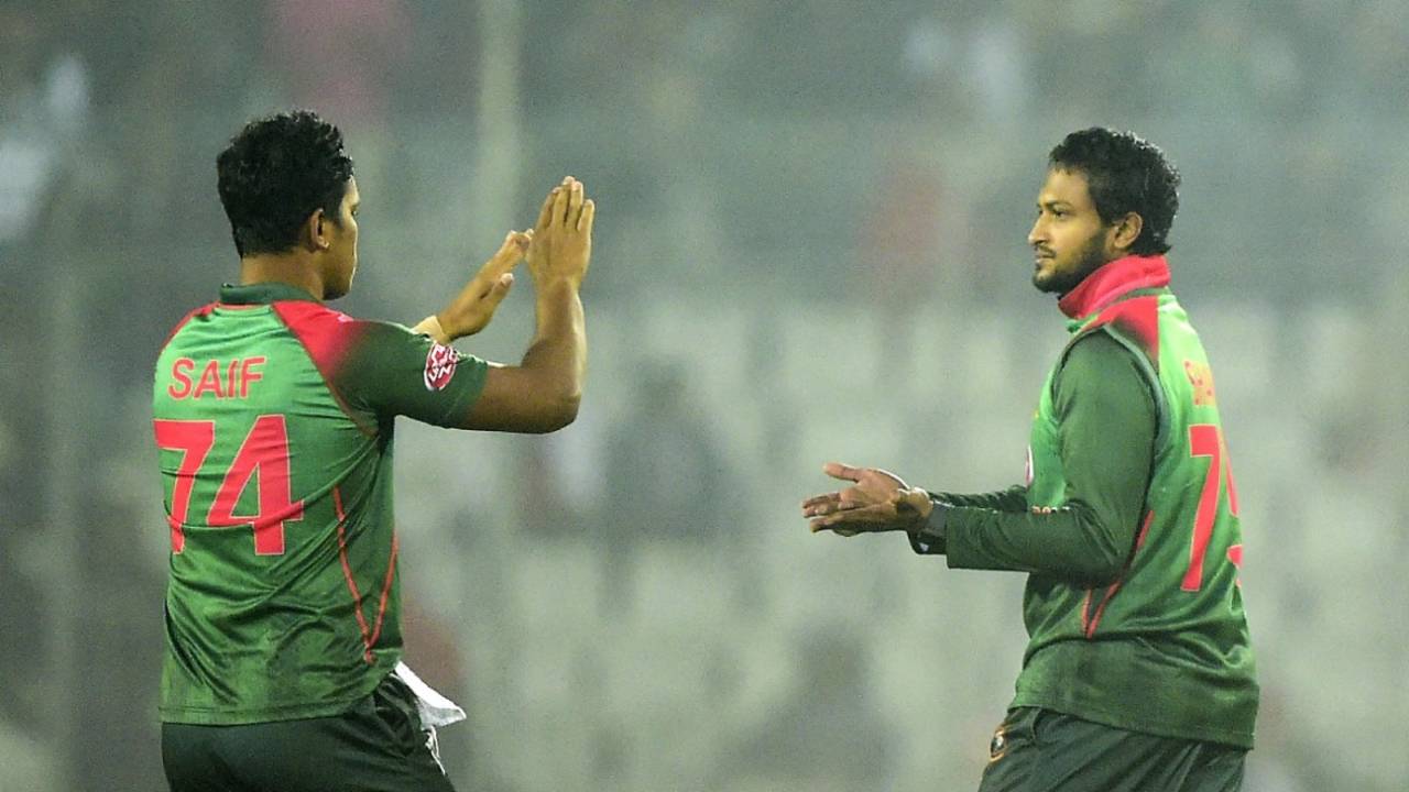 Shakib Al Hasan celebrates with Mohammad Saifuddin, Bangladesh v West Indies, 2nd T20I, Mirpur, December 20, 2018
