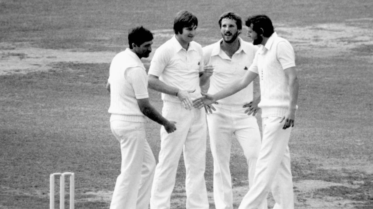 Mike Hendrick, Ian Botham and Graham Gooch congratulate Chris Old, England v Pakistan, World Cup, Headingley, June 16, 1979