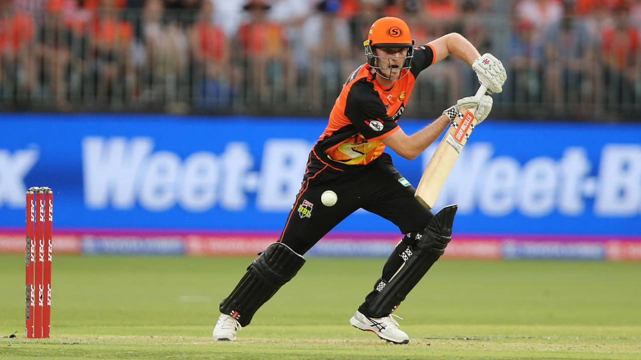 Ashton Turner pushes one into the off side, Perth Scorchers v Adelaide Strikers, BBL 2018-19, Perth, December 26, 2018