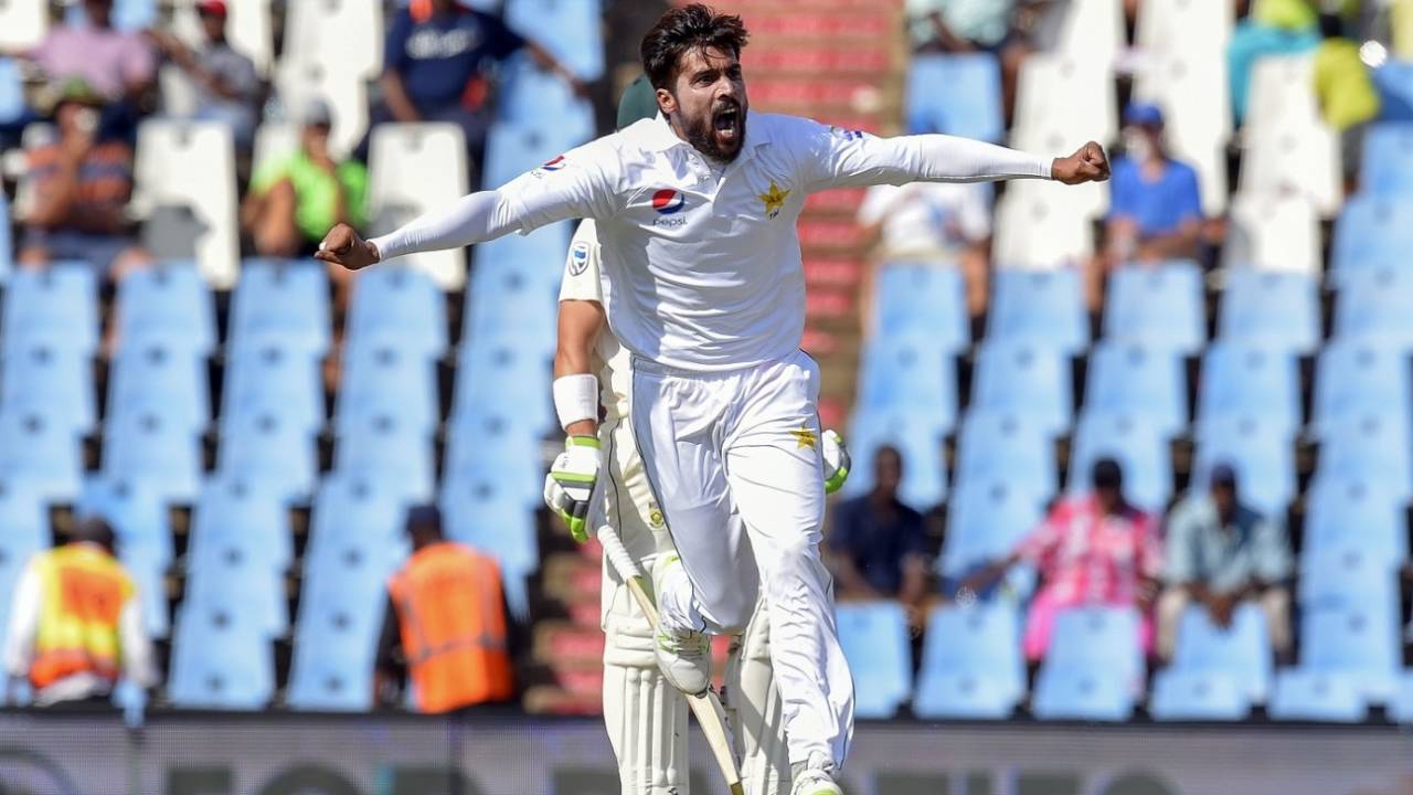 Mohammad Amir celebrates the wicket of Hashim Amla, South Africa v Pakistan, 1st Test, Centurion, 1st day, December 26, 2018