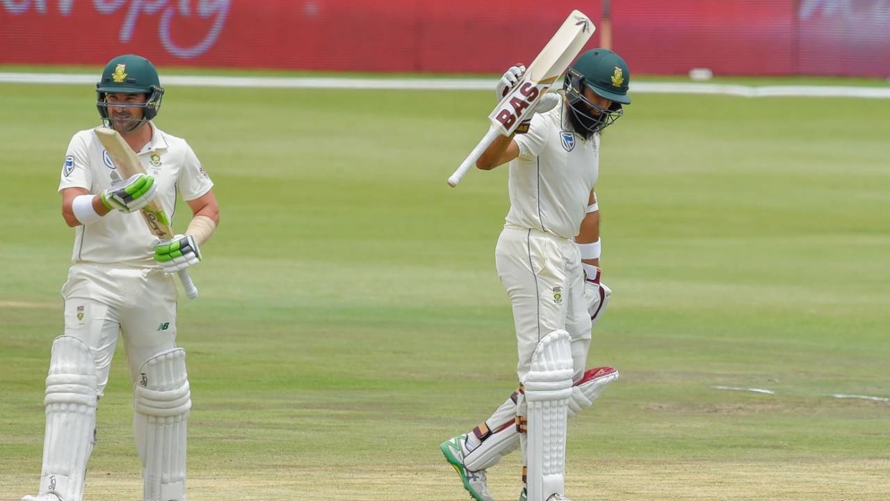 Hashim Amla raises his bat after reaching fifty while Dean Elgar applauds, South Africa v Pakistan, 1st Test, Centurion, 3rd day, December 28, 2018